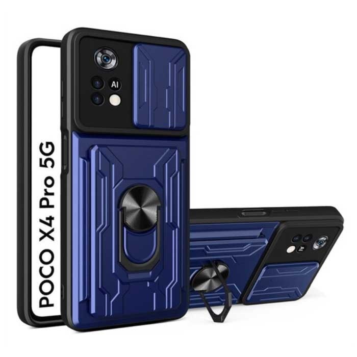 Xiaomi Poco X4 Pro 5G - Card Slot Hoesje met Kickstand en Camera Bescherming - Pop Grip Cover Case Blauw