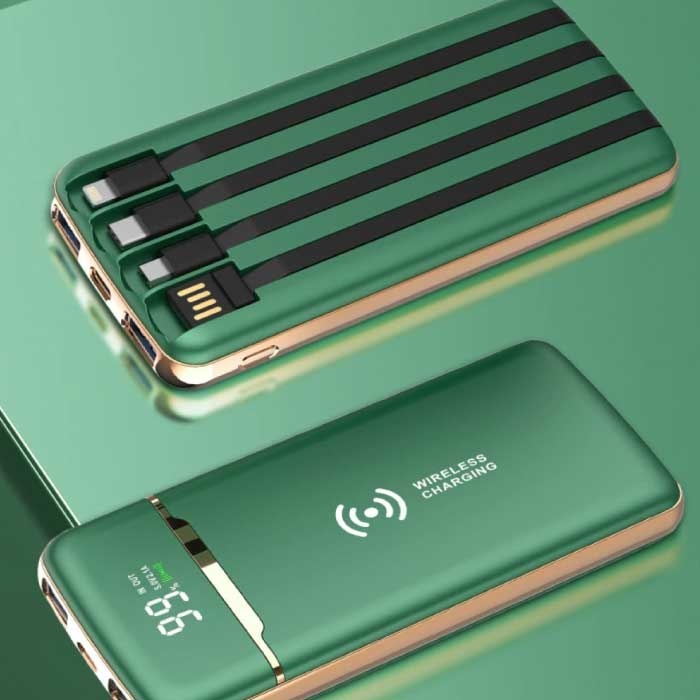 Power Bank universale da 20.000 mAh - 4 tipi di cavo di ricarica - Caricabatterie per batteria di emergenza esterno Verde