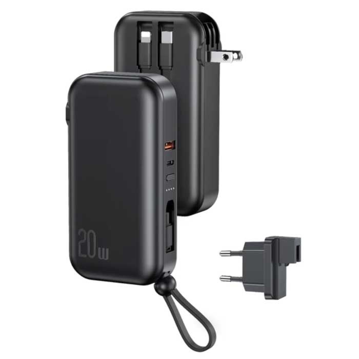 10.000mAh Powerbank 20W - 3 Types Charging Cable - External Emergency Battery Battery Charger Charger Black