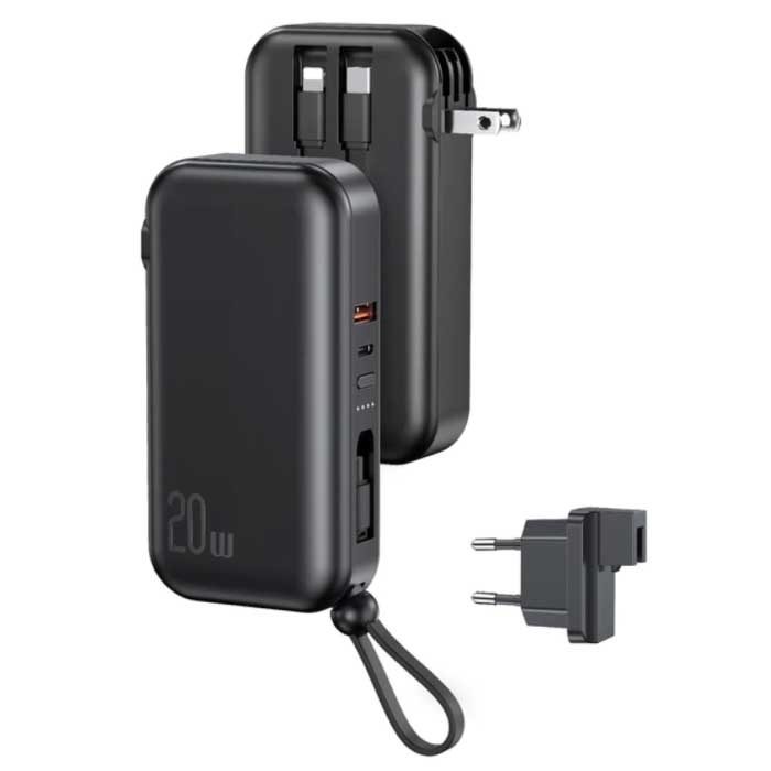 Powerbank 10.000mAh 20W - 3 Tipos Cable de Carga - Batería Externa de Emergencia Cargador de Batería Cargador Negro