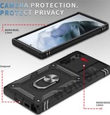 Huikai Samsung Galaxy S21 FE – Armor Card Holder Case mit Ständer und Kameraschutz – Pop Grip Heavy Duty Cover Case Black