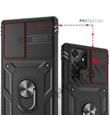 Huikai Samsung Galaxy S21 FE - Armor Card Holder z podpórką i ochroną aparatu - Pop Grip Heavy Duty Cover Case Czarny