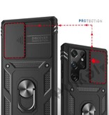 Huikai Samsung Galaxy S21 FE - Armor Kaarthouder Hoesje met Kickstand en Camera Bescherming - Pop Grip  Heavy Duty Cover Case Zwart