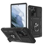 Huikai Samsung Galaxy A13 5G - Armor Card Holder z podpórką i ochroną aparatu - Pop Grip Heavy Duty Cover Case Czarny