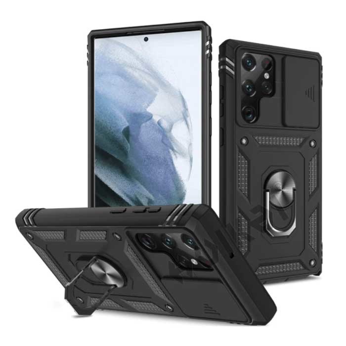 Samsung Galaxy A12 - Armor Card Holder Case con función atril y protección de la cámara - Pop Grip Heavy Duty Cover Case Black