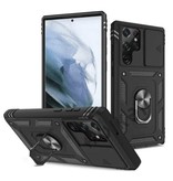 Huikai Samsung Galaxy S21 FE - Armor Card Holder Case with Kickstand and Camera Protection - Pop Grip Heavy Duty Cover Case Black