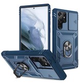 Huikai Samsung Galaxy S21 Ultra - Armor Kaarthouder Hoesje met Kickstand en Camera Bescherming - Pop Grip  Heavy Duty Cover Case Blauw
