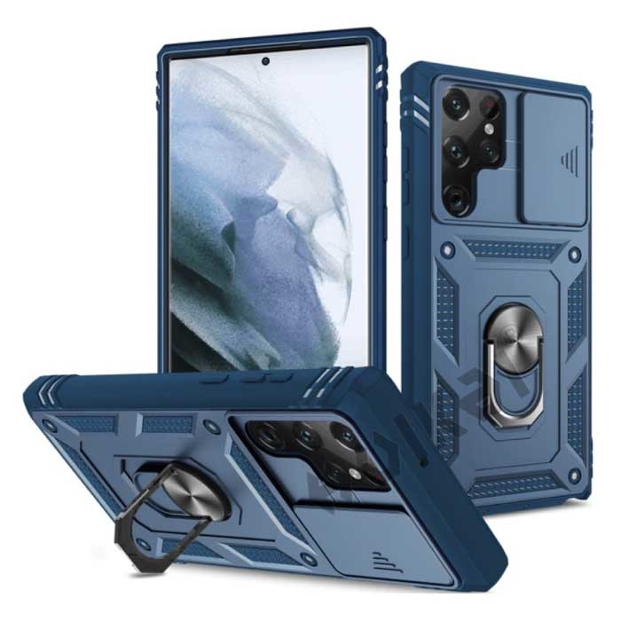 Huikai Samsung Galaxy S21 - Armor Kaarthouder Hoesje met Kickstand en Camera Bescherming - Pop Grip  Heavy Duty Cover Case Blauw