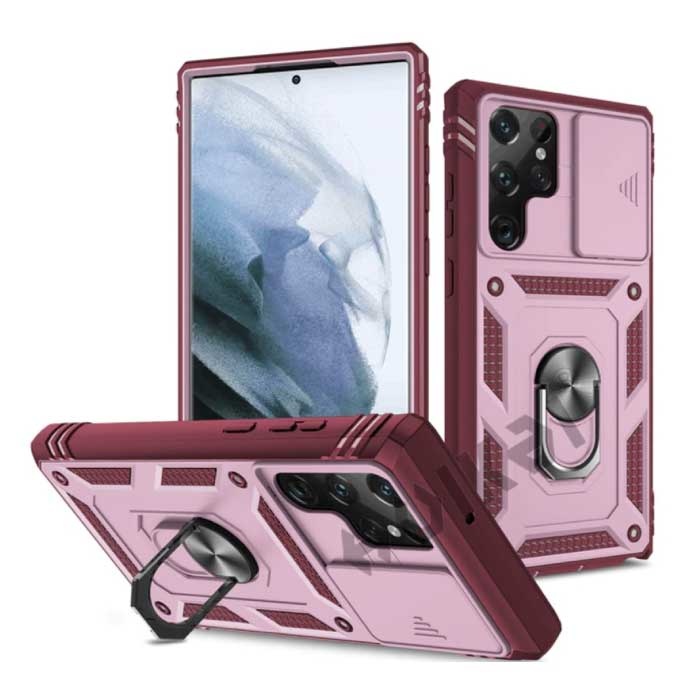 Samsung Galaxy S21 FE - Armor Card Holder Case with Kickstand and Camera Protection - Pop Grip Heavy Duty Cover Case Pink