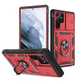 Huikai Samsung Galaxy S21 FE - Armor Card Holder Case with Kickstand and Camera Protection - Pop Grip Heavy Duty Cover Case Red