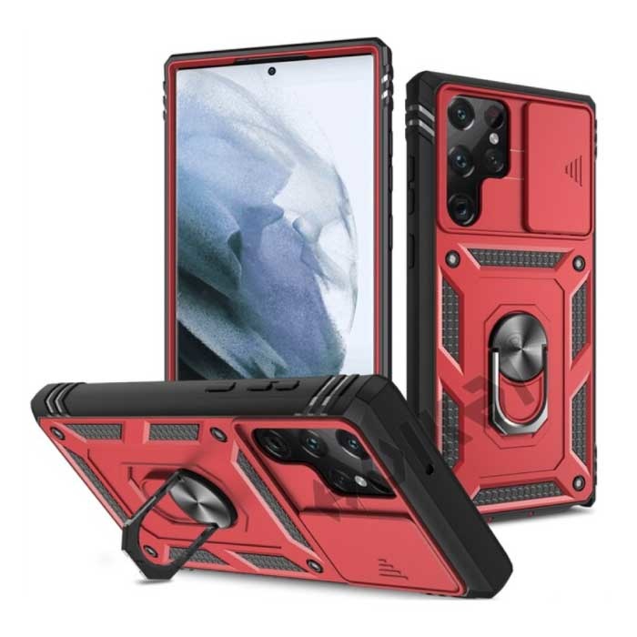 Samsung Galaxy S21 FE - Armor Card Holder Case with Kickstand and Camera Protection - Pop Grip Heavy Duty Cover Case Red