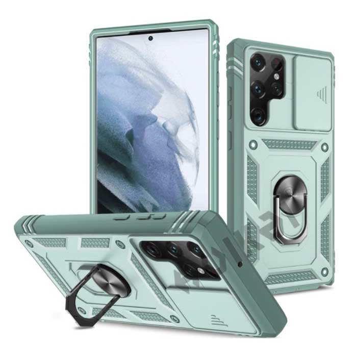 Samsung Galaxy S21 FE - Armor Card Holder Case with Kickstand and Camera Protection - Pop Grip Heavy Duty Cover Case Green