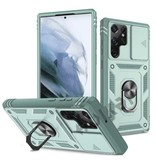 Huikai Samsung Galaxy A51 4G - Etui Armor Card Holder z Podpórką i Ochroną Aparatu - Etui Pop Grip Heavy Duty Cover Zielone