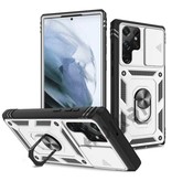 Huikai Samsung Galaxy S21 FE – Armor Card Holder Case mit Kickstand und Kameraschutz – Pop Grip Heavy Duty Cover Case White