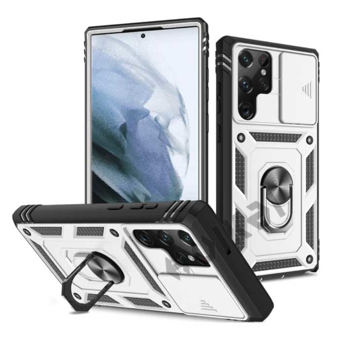 Samsung Galaxy A12 - Armor Card Holder Case con función atril y protección de la cámara - Pop Grip Heavy Duty Cover Case White