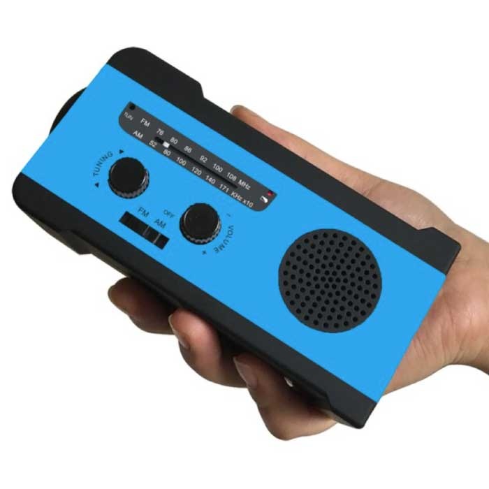 2000mAh Radio Powerbank op Zonne-energie met Dynamo - Ingebouwde Zaklamp - FM/AM Externe Noodaccu Batterij Oplader Charger Blauw