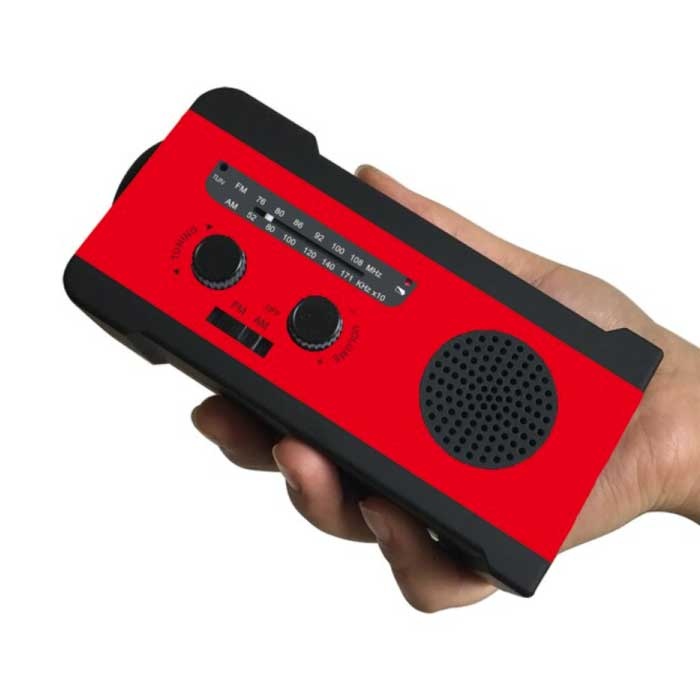 2000mAh Radio Powerbank op Zonne-energie met Dynamo - Ingebouwde Zaklamp - FM/AM Externe Noodaccu Batterij Oplader Charger Rood