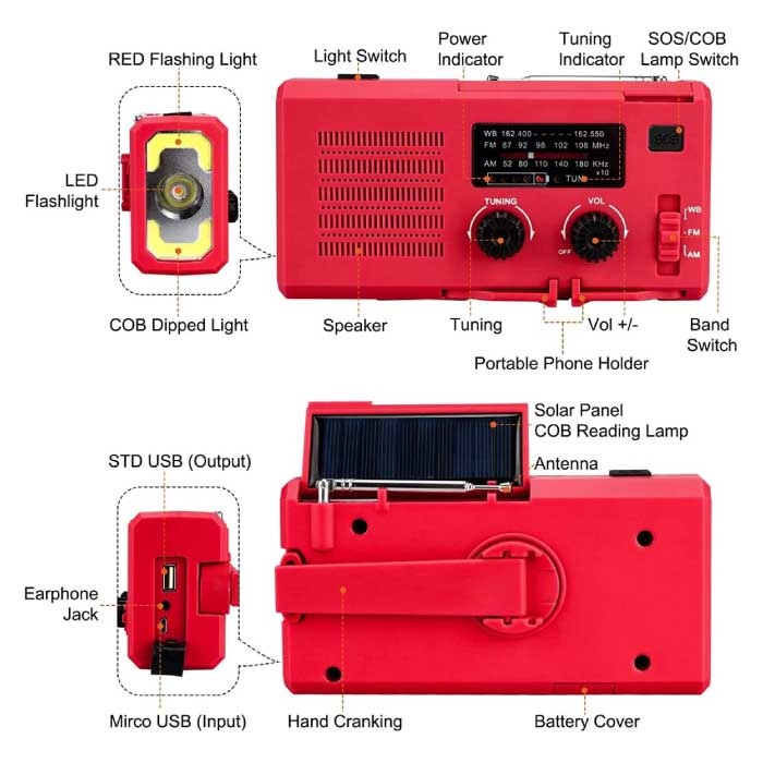 WAYHOOM 4000mAh Radio Solar Power Bank z Dynamo - Wbudowana Latarka - FM/AM Zewnętrzny Akumulator Awaryjny Ładowarka Ładowarka Wino Czerwone