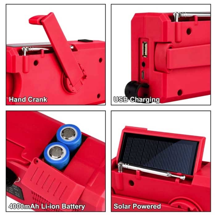 WAYHOOM 4000mAh Radio Solar Power Bank z Dynamo - Wbudowana Latarka - FM/AM Zewnętrzny Akumulator Awaryjny Ładowarka Ładowarka Wino Czerwone