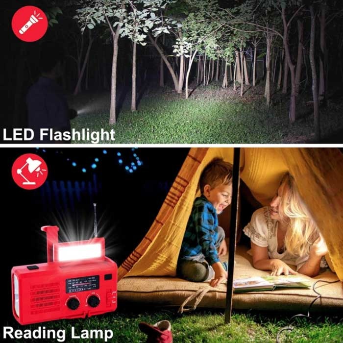 WAYHOOM 4000mAh Radio Solar Power Bank z Dynamo - Wbudowana Latarka - FM/AM Zewnętrzny Akumulator Awaryjny Ładowarka Ładowarka Wino Czerwone