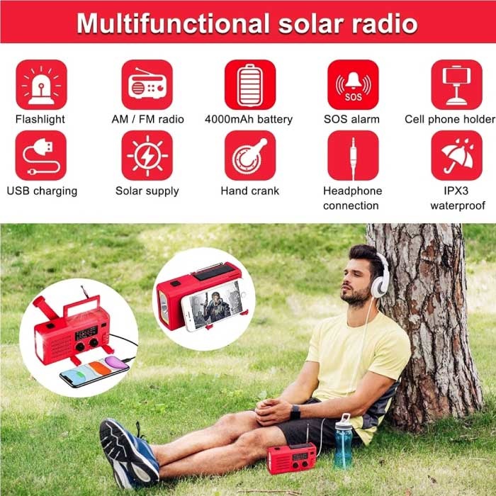 WAYHOOM 4000mAh Radio Solar Power Bank z Dynamo - Wbudowana Latarka - FM/AM Zewnętrzny Akumulator Awaryjny Ładowarka Ładowarka Wino Czerwone