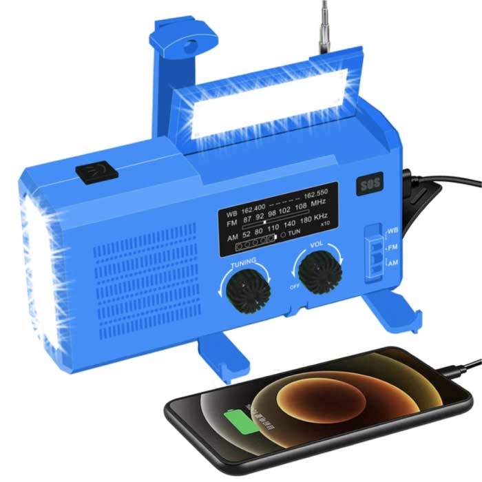 Banco de energía solar de radio de 4000 mAh con dínamo - Linterna incorporada - Cargador de batería de emergencia externo FM / AM Cargador de batería Azul
