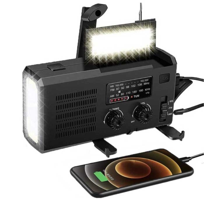 Banque d'alimentation solaire radio 4000 mAh avec dynamo - Lampe de poche intégrée - Chargeur de batterie de secours externe FM/AM Noir