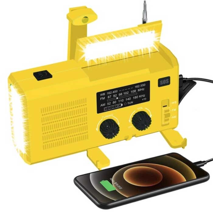 4000mAh Radio Solar Power Bank con dinamo - Torcia incorporata - Caricabatteria esterno FM/AM Caricabatteria batteria di emergenza Giallo