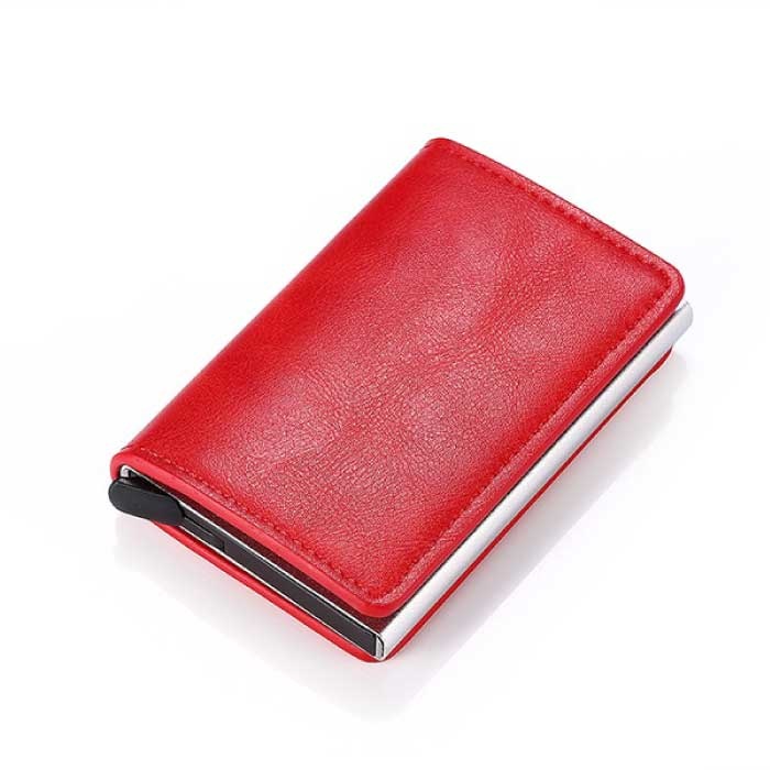 RFID Credit Card Holder Wallet - Vintage Leather Aluminum Case with Money Clip Glossy Red