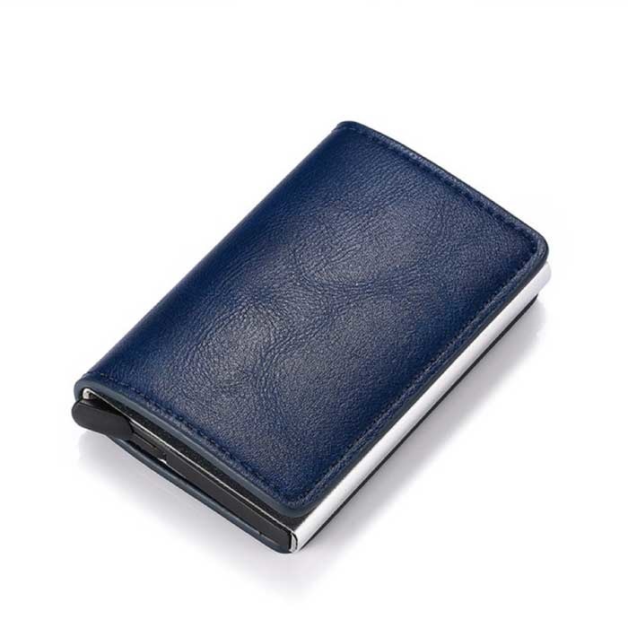 Portafoglio porta carte di credito RFID - Custodia in alluminio vintage in pelle con fermasoldi blu scuro