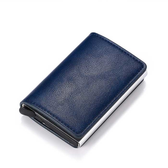 RFID Credit Card Holder Wallet - Vintage Leather Aluminum Case with Money Clip Dark Blue