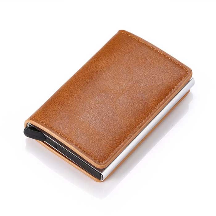 RFID Credit Card Holder Wallet - Vintage Leather Aluminum Case with Money Clip Brown