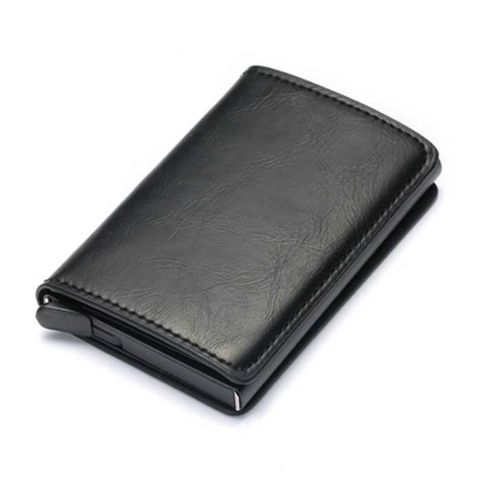 RFID Credit Card Holder Wallet - Vintage Leather Aluminum Case with Money Clip Black