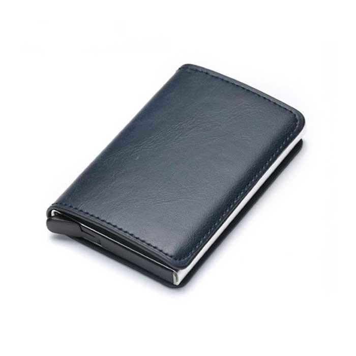 RFID Credit Card Holder Wallet - Vintage Leather Aluminum Case with Money Clip Dark Blue