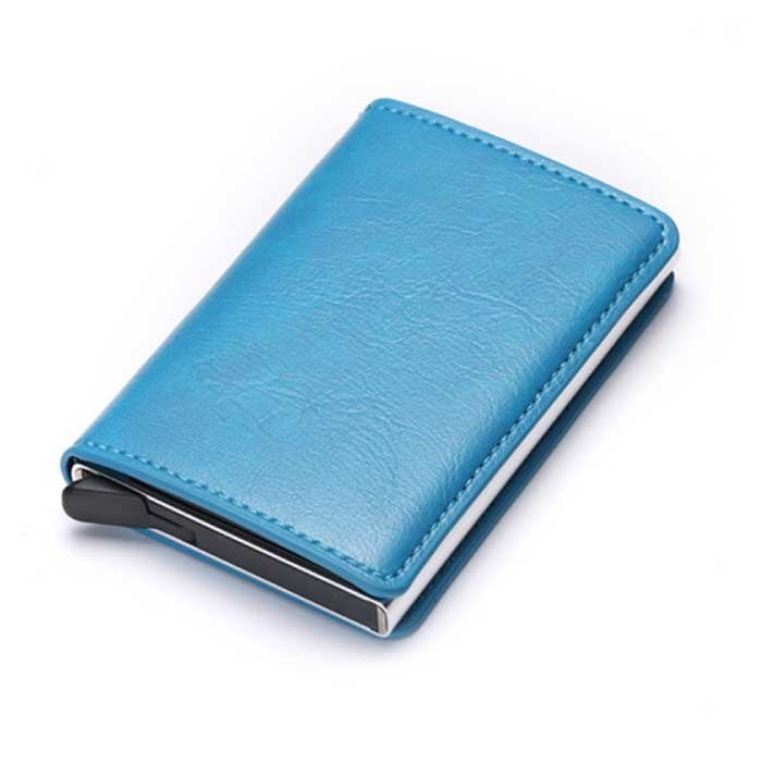 RFID Creditcard Houder Portemonnee - Vintage Leren Aluminium Etui met Geldclip Lichtblauw