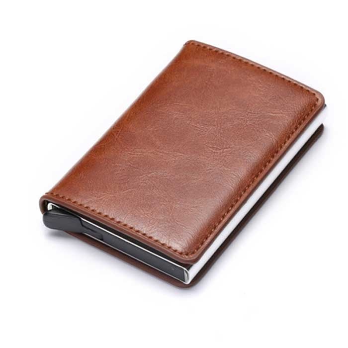 RFID Credit Card Holder Wallet - Vintage Leather Aluminum Case with Money Clip Brown