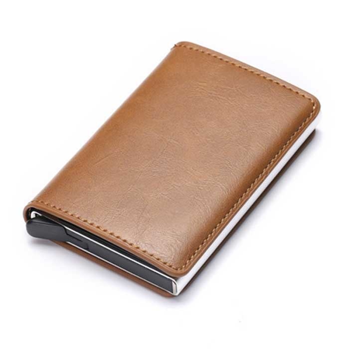 Portafoglio porta carte di credito RFID - Custodia in alluminio vintage in pelle con fermasoldi marrone chiaro