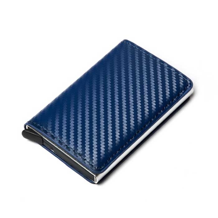 RFID Credit Card Holder Wallet - Vintage Leather Aluminum Case with Money Clip Blue