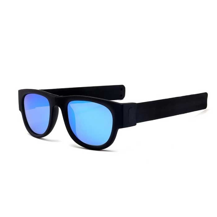 Foldable Sunglasses with Storage Box - Polarized Mirror Glasses Flip Wristband Glasses Black Blue