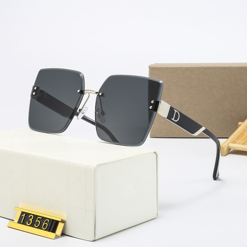 Oversized Rimless Sunglasses for Women - Designer Square Glasses UV400 Shades Black