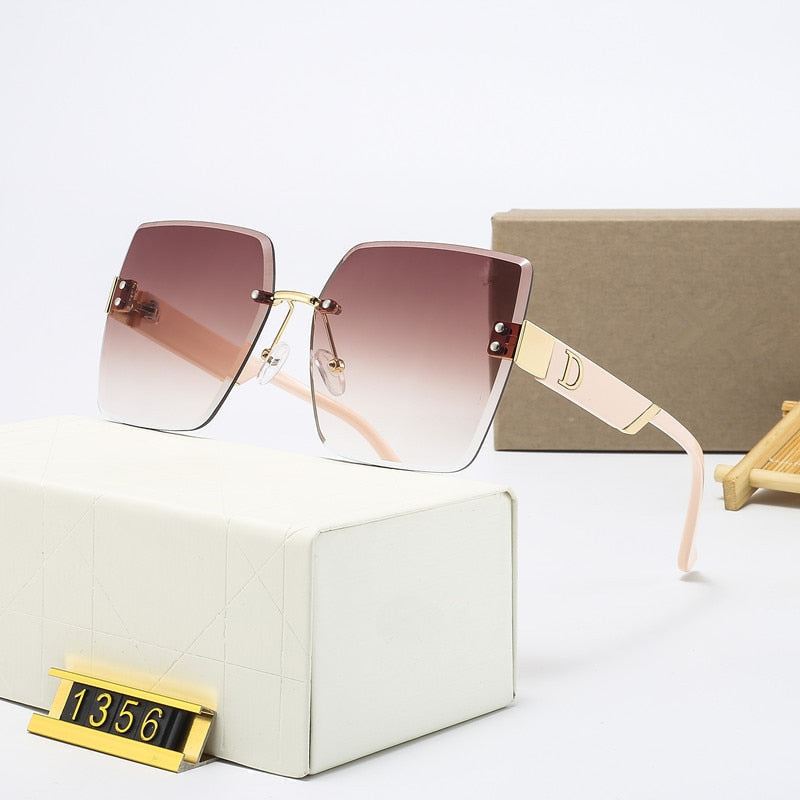 Oversized Rimless Sunglasses for Women - Designer Square Glasses UV400 Shades Brown
