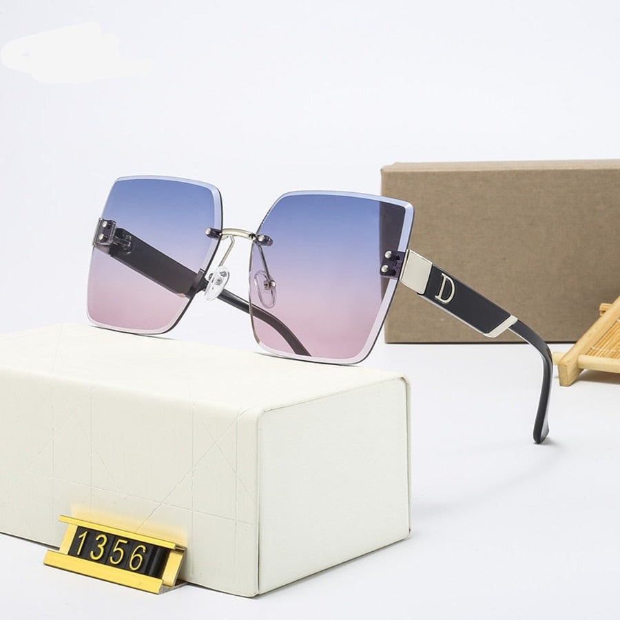 Oversized Rimless Sunglasses for Women - Designer Square Glasses UV400 Shades Blue Pink