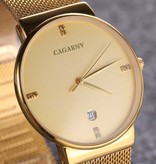 CAGARNY Luxury Crystal Quartz Watch for Men - Waterproof Wristwatch Stainless Steel White