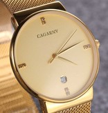 CAGARNY Luxury Crystal Quartz Watch for Men - Waterproof Wristwatch Stainless Steel White Minimal