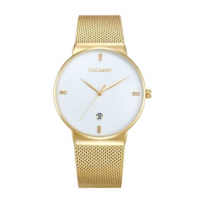 CAGARNY Reloj de cuarzo de cristal de lujo para hombre - Reloj de pulsera resistente al agua Acero inoxidable Blanco Minimal