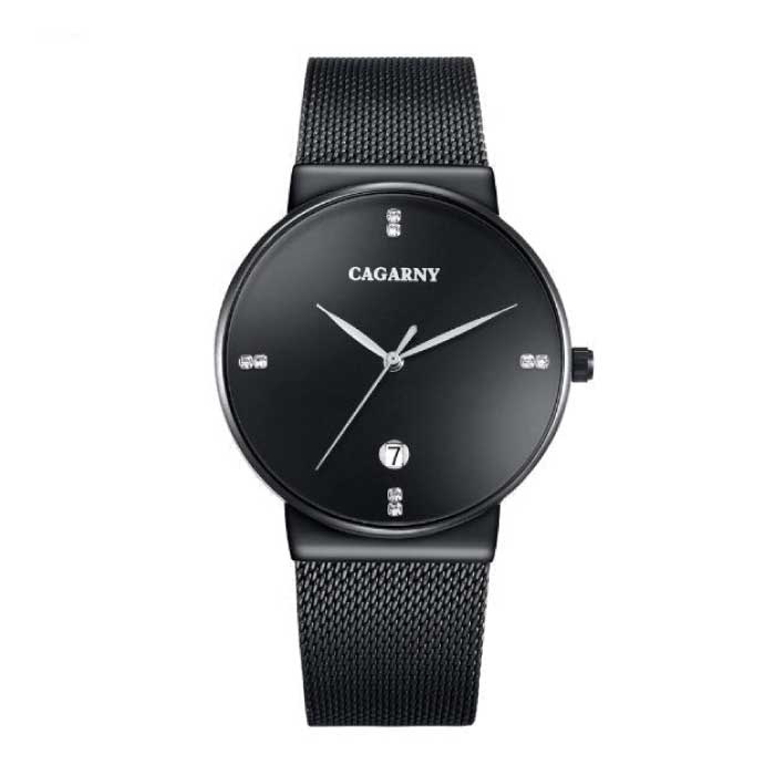 Reloj de cuarzo de cristal de lujo para hombre - Reloj de pulsera resistente al agua Acero inoxidable Negro Mínimo