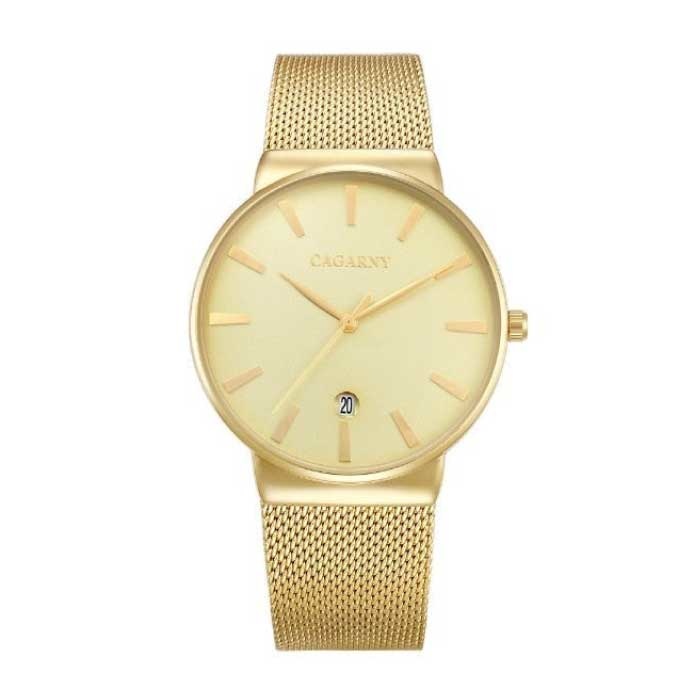 Reloj de cuarzo de cristal de lujo para hombre - Reloj de pulsera resistente al agua Acero inoxidable Dorado