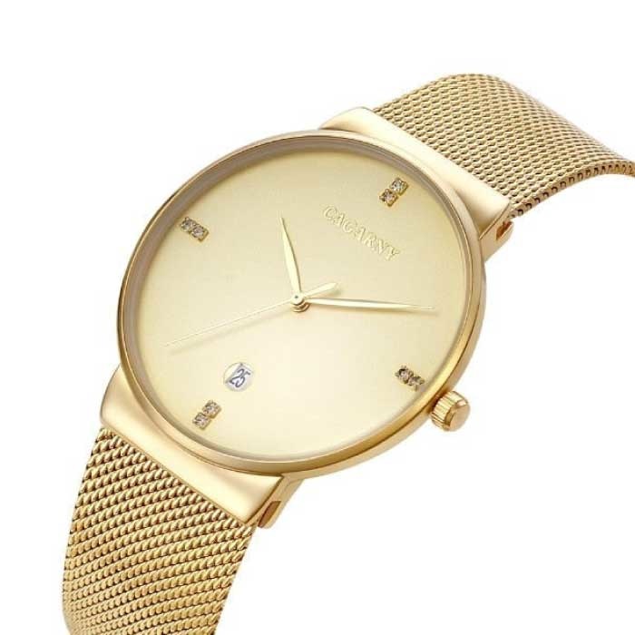Reloj de cuarzo de cristal de lujo para hombre - Reloj de pulsera resistente al agua Acero inoxidable Oro Mínimo