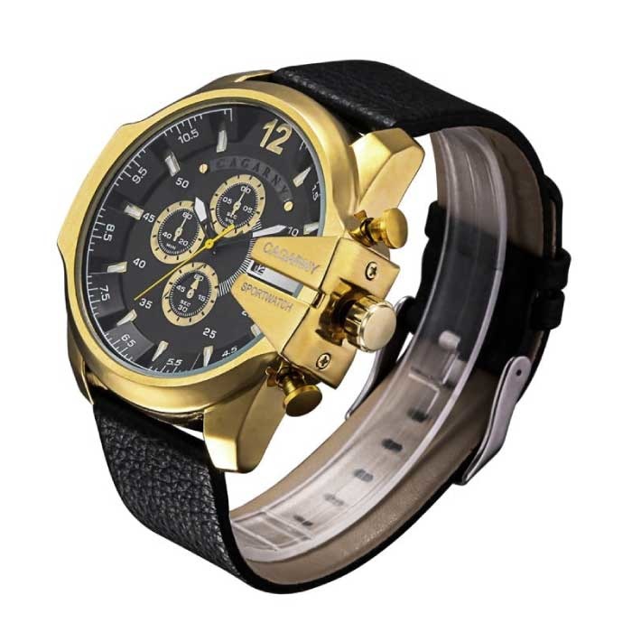 CAGARNY Vintage Militair Horloge voor Heren - Leren Bandje Kwarts Polshorloge Goud