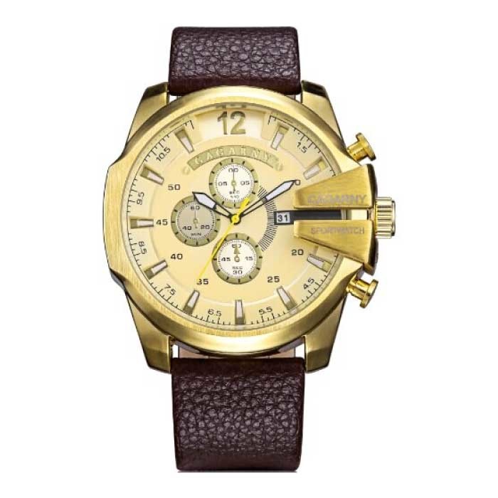 Reloj Militar Vintage para Hombre - Reloj de Pulsera de Cuarzo con Correa de Cuero Dorado